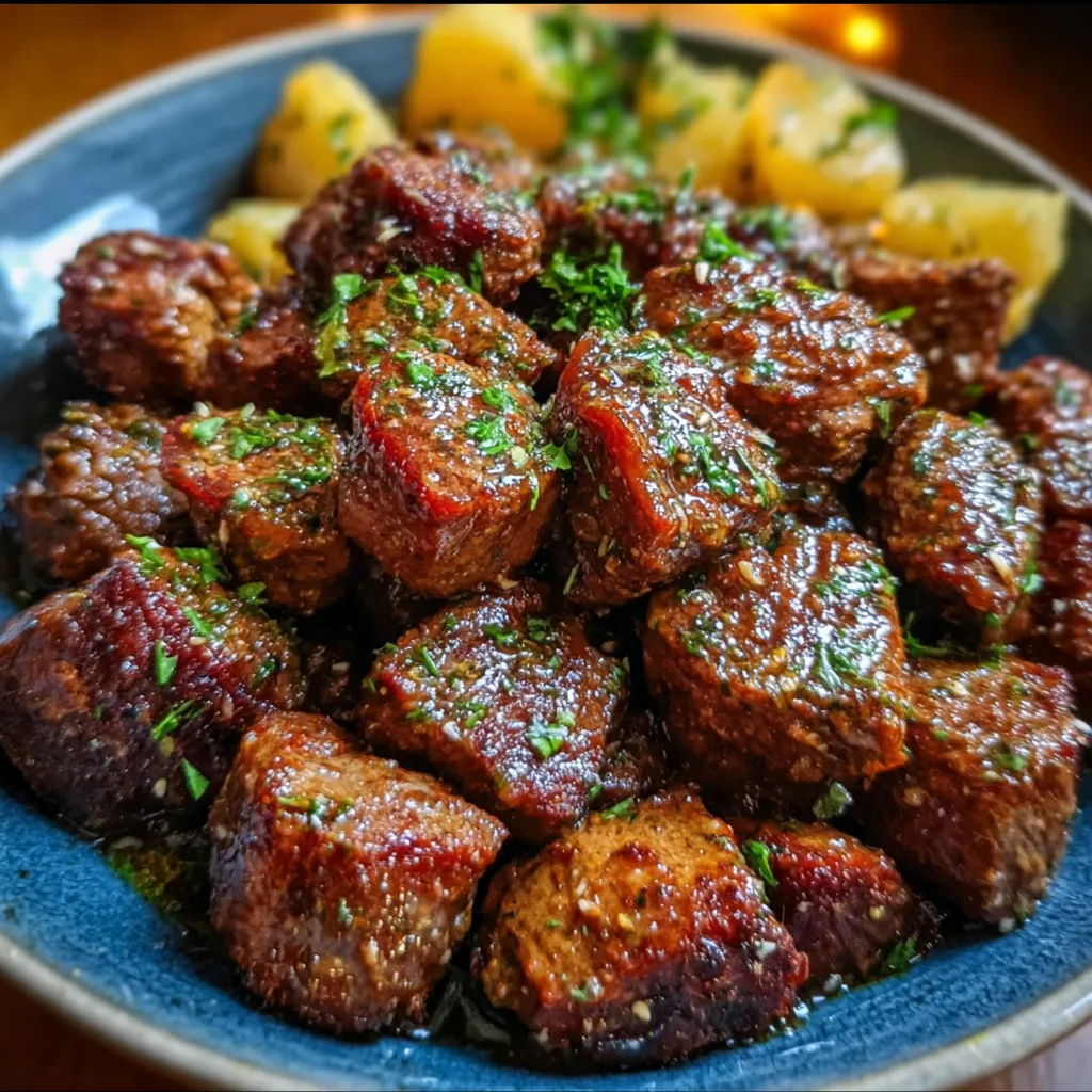 High Protein Slow Cooker Garlic Butter Beef Bites with Tender Herbs - main view