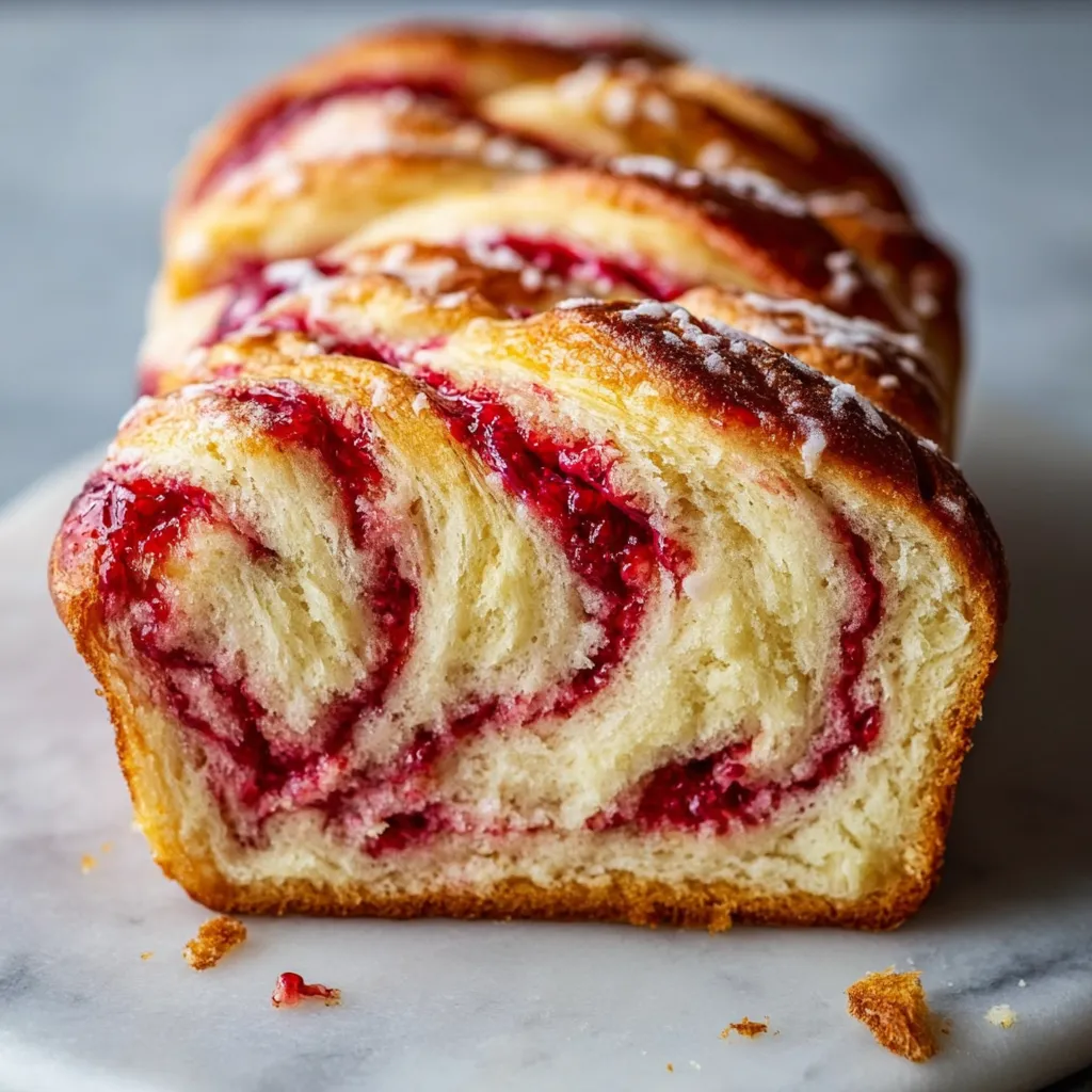 Buttery Raspberry Swirl Brioche Loaf with Rich Custard-Like Crumb and Berry Ribbons