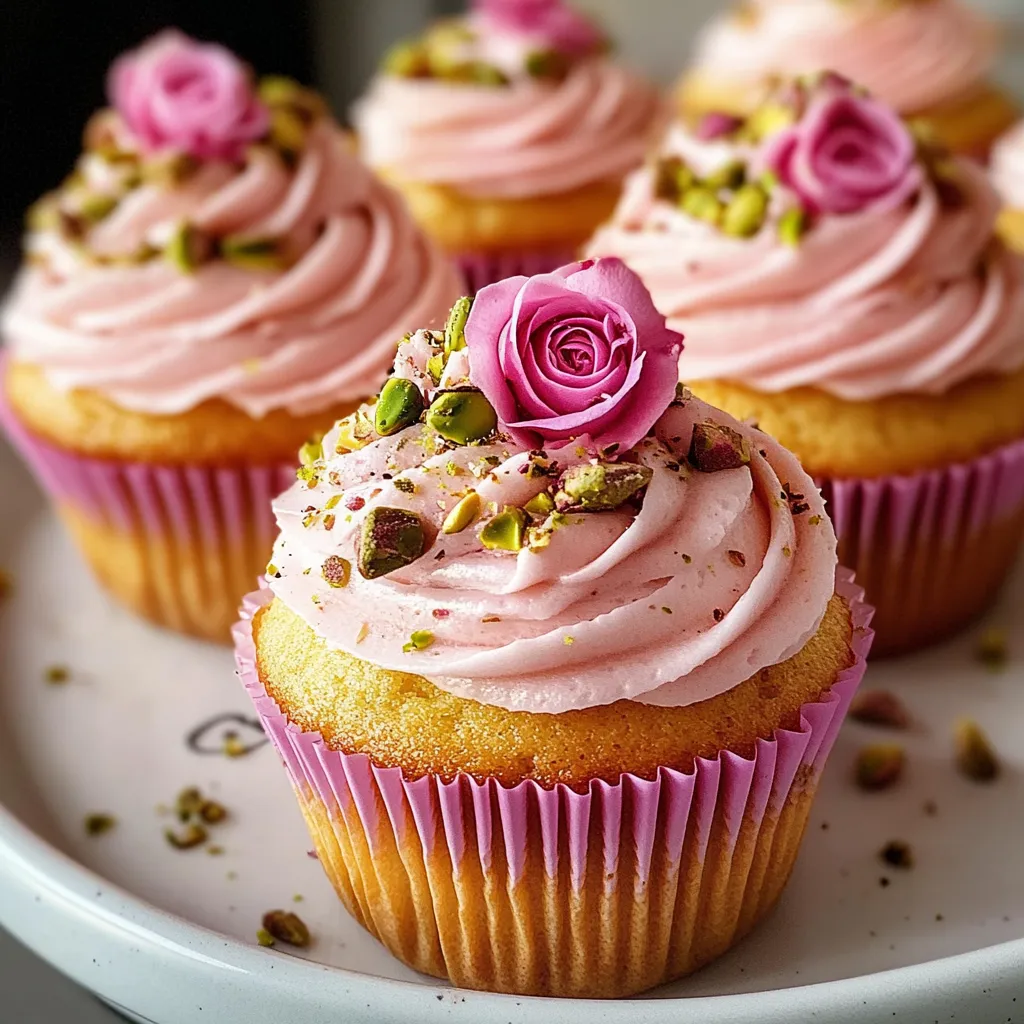 Rose and Pistachio Cupcakes with Rosewater Buttercream and Candied Petals
