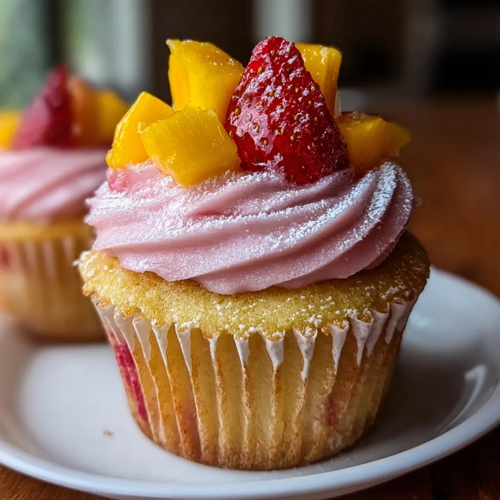 Tropical Strawberry Mango Cupcakes with Fresh Fruit Buttercream and Coconut Flakes - secondary view