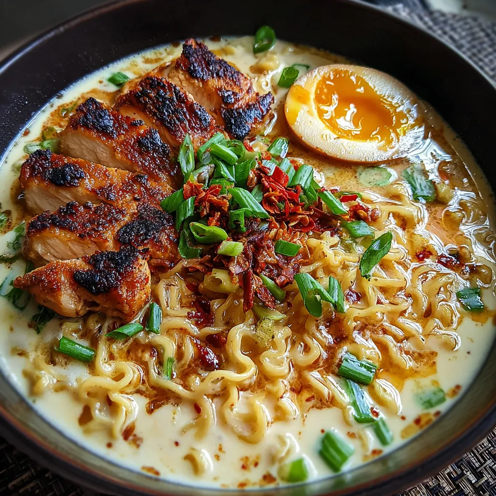 Fiery Chicken Ramen with Creamy Garlic Sauce and Fresh Vegetables - main view