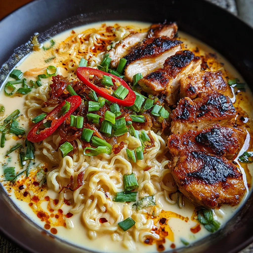Fiery Chicken Ramen with Creamy Garlic Sauce and Fresh Vegetables - secondary view