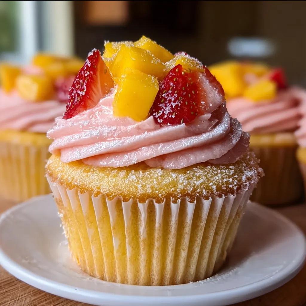 Tropical Strawberry Mango Cupcakes with Fresh Fruit Buttercream and Coconut Flakes - main view