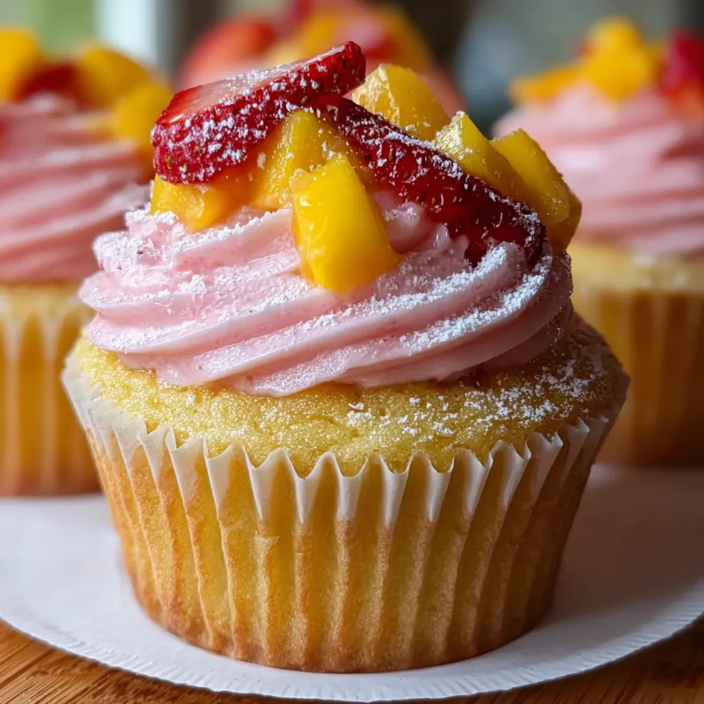 Tropical Strawberry Mango Cupcakes with Fresh Fruit Buttercream and Coconut Flakes - tertiary view