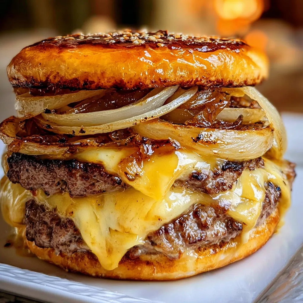 Ultimate Caramelized Onion Double Cheeseburger with Golden Sweet Onions and Premium Beef