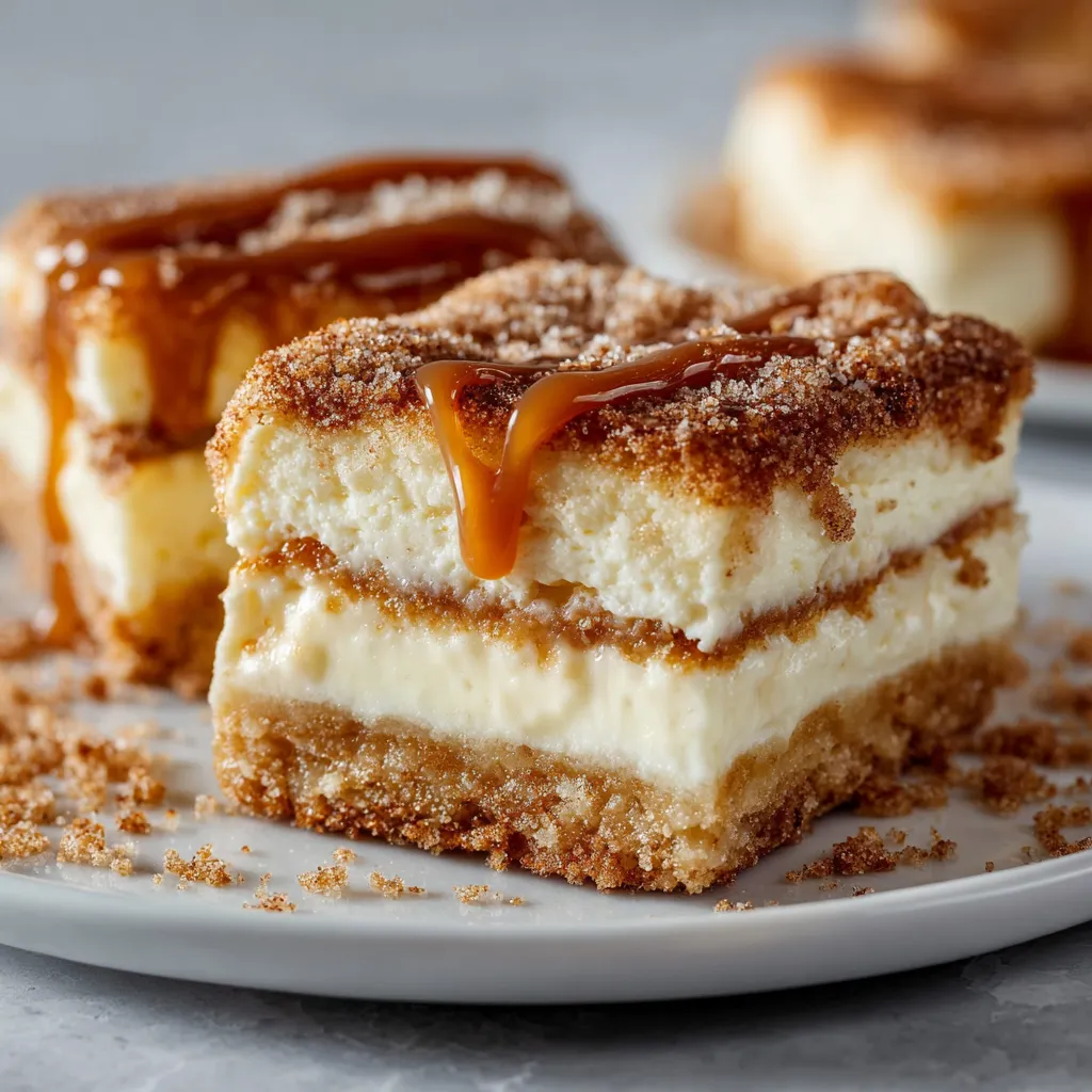 Cinnamon Sugar Churro Cheesecake Bars with Crispy Crust and Creamy Filling - tertiary view