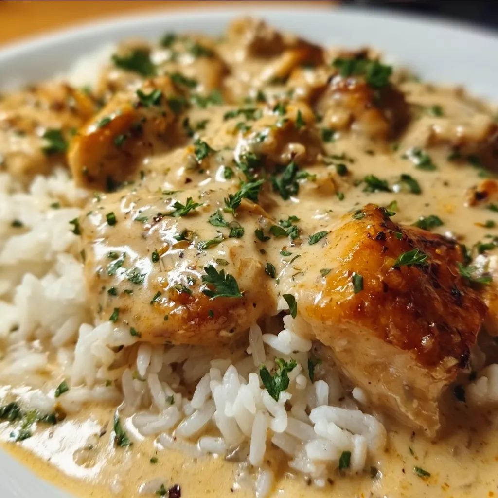 Quick and Easy Creamy Smothered Chicken and Rice with Savory Herb Gravy - main view