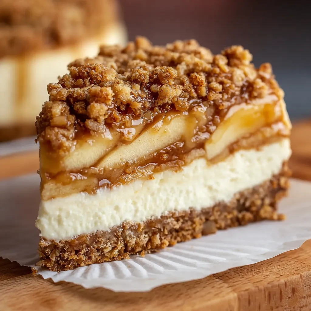 Decadent Apple Crumble Cheesecake Slice with Cinnamon Spiced Apples and Buttery Crumb