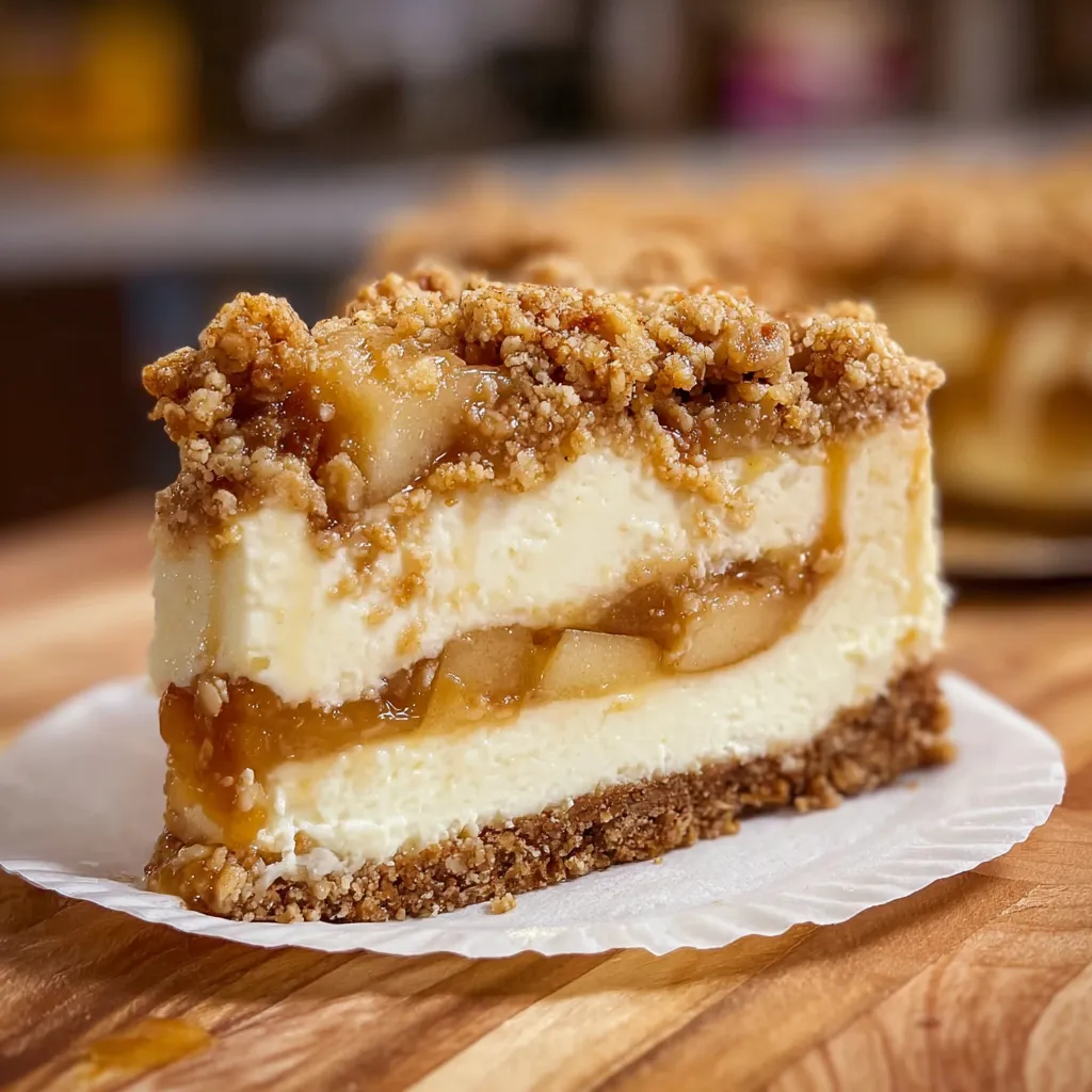Decadent Apple Crumble Cheesecake Slice with Cinnamon Spiced Apples and Buttery Crumb - tertiary view