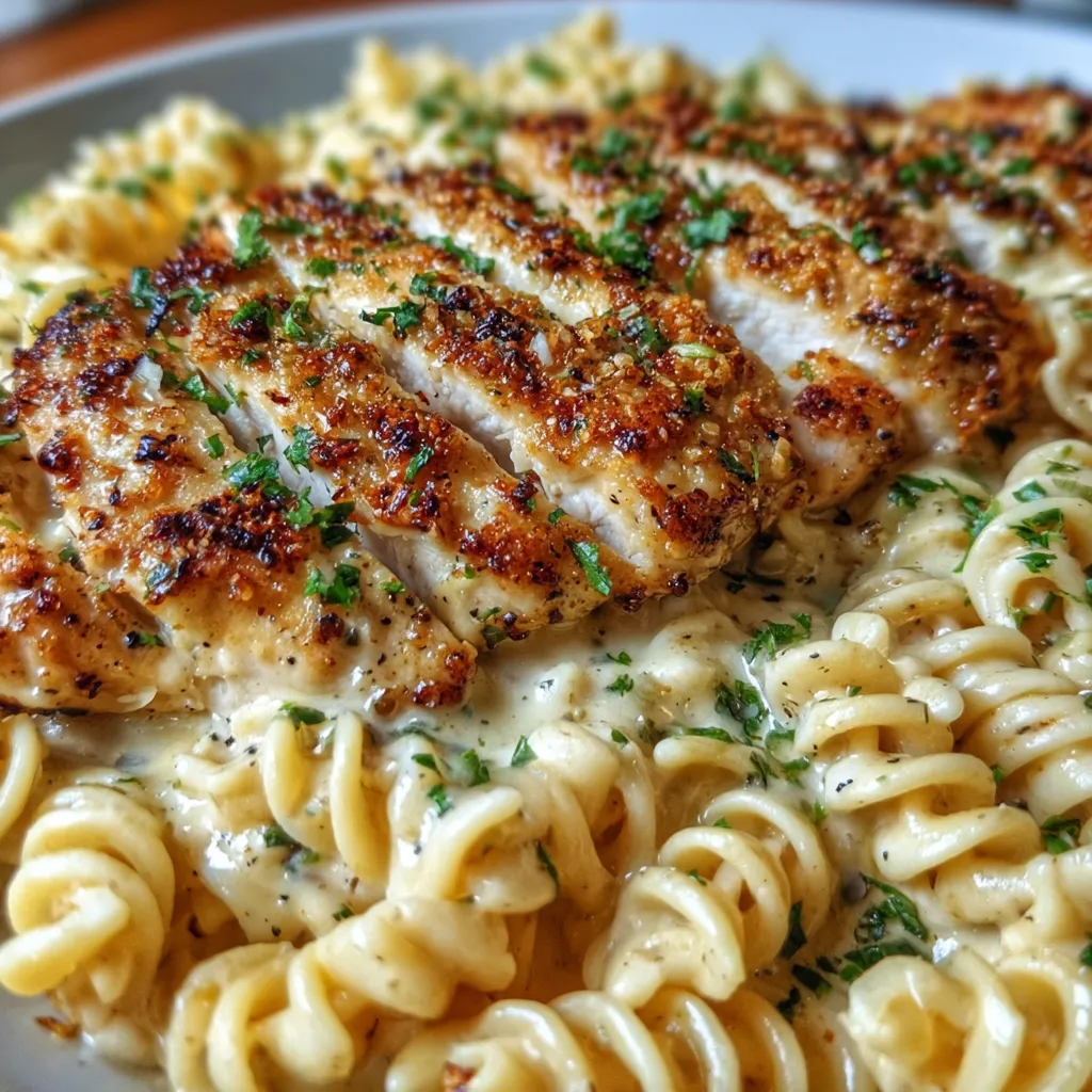 Creamy Garlic Parmesan Chicken with Cheesy Twisted Pasta and Rich Herb Sauce - main view