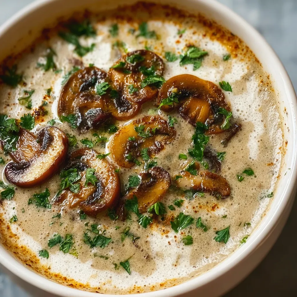 Creamy Mushroom Soup Ladled into Bowls with Fresh Herbs and Garnishes