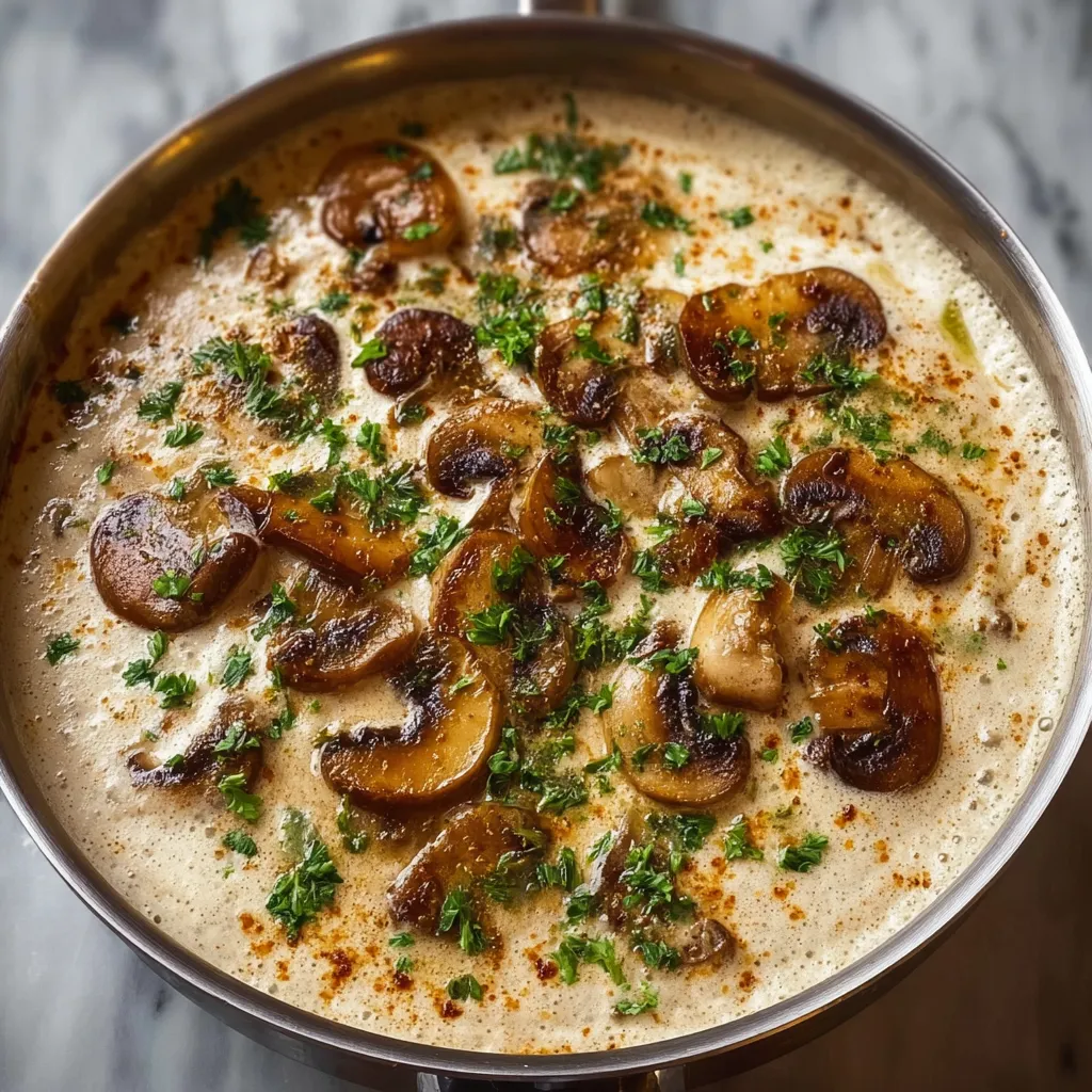 Creamy Mushroom Soup Ladled into Bowls with Fresh Herbs and Garnishes - secondary view