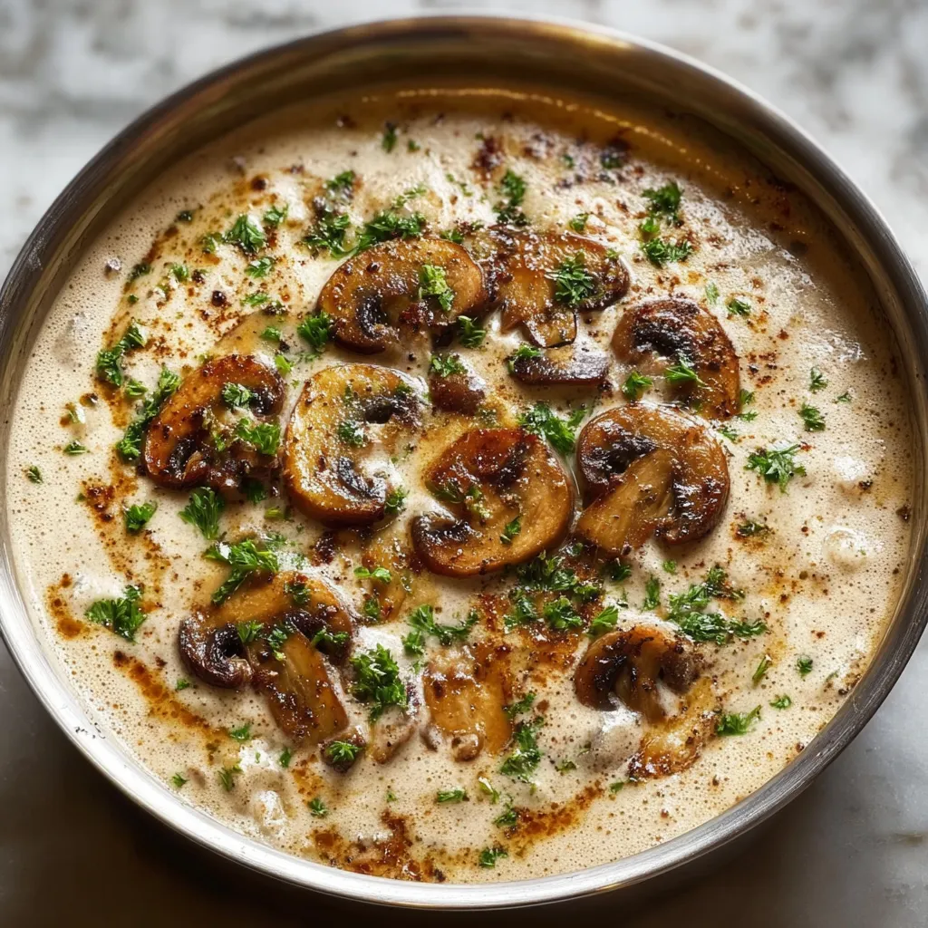 Creamy Mushroom Soup Ladled into Bowls with Fresh Herbs and Garnishes - tertiary view