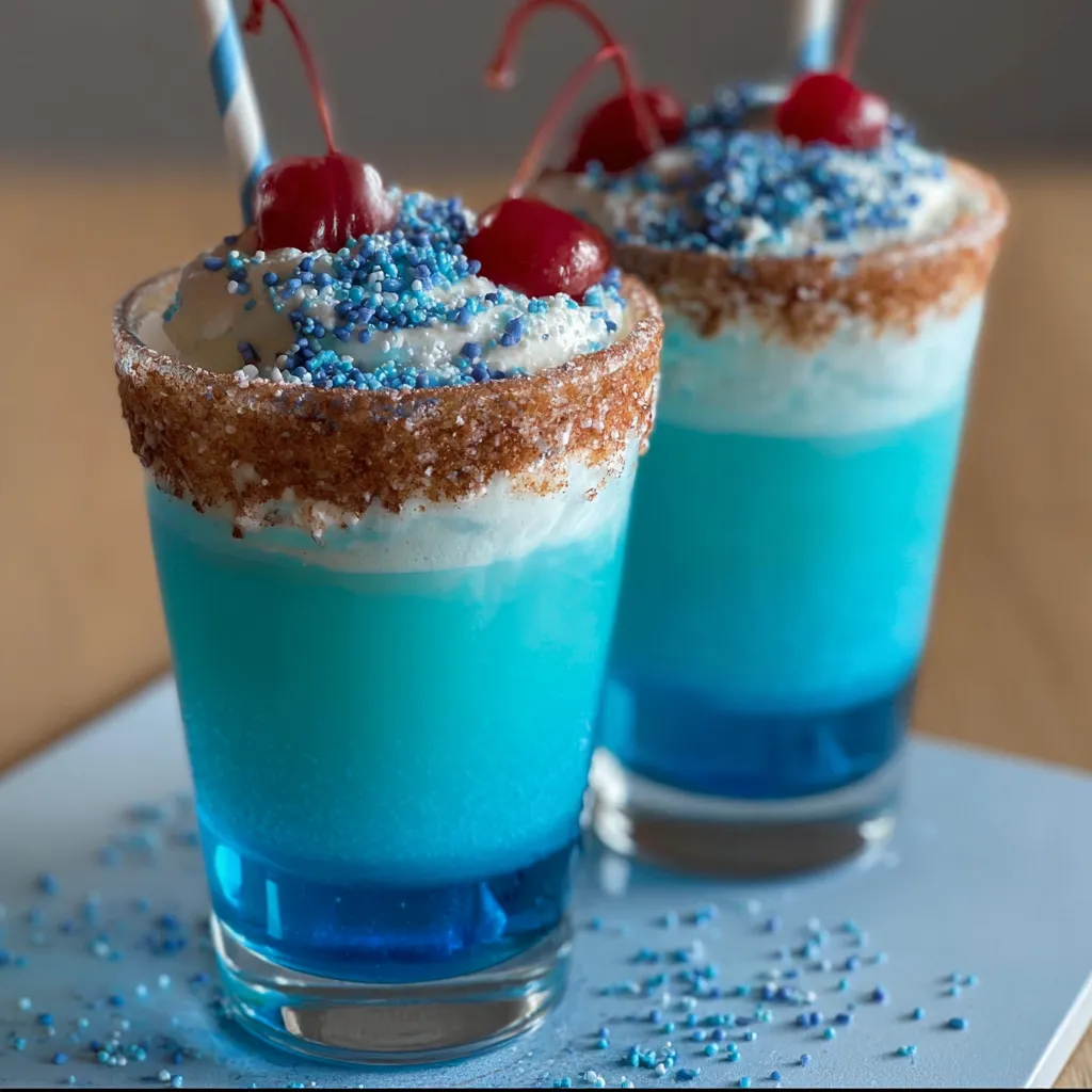 Blue Scooby Snack Shots with Whipped Cream and Graham Cracker Rim