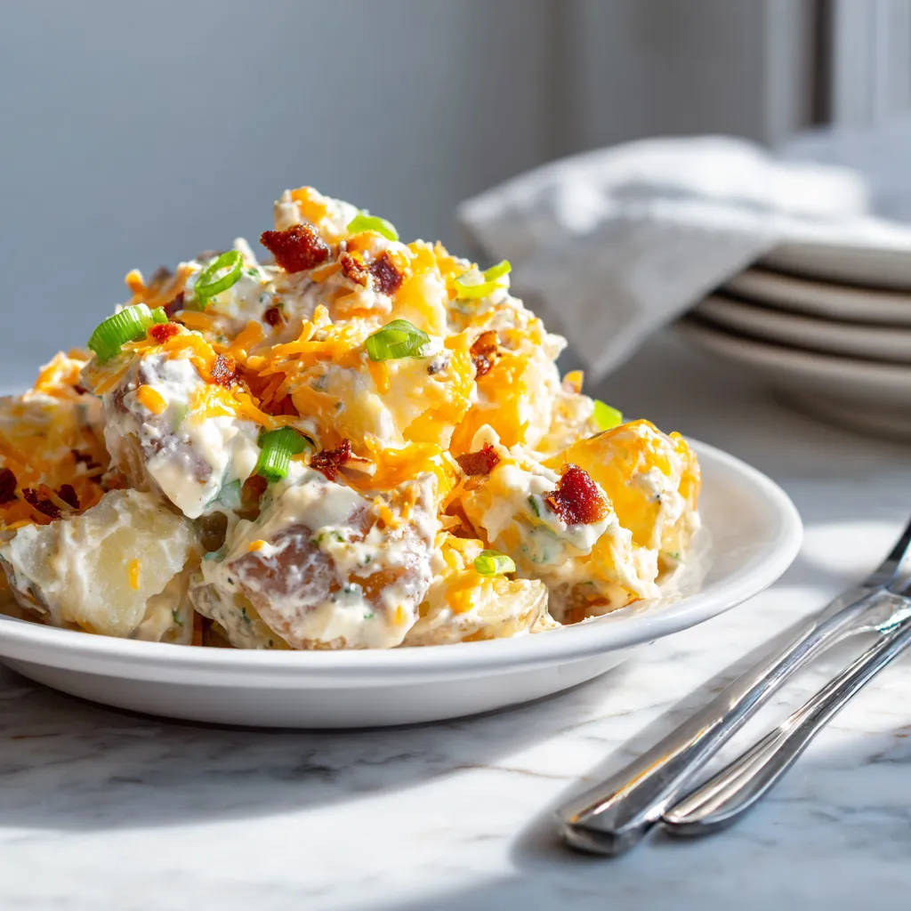 Ultimate Loaded Baked Potato Salad with Crispy Bacon, Sharp Cheddar Cheese, and Creamy Sour Cream Dressing - tertiary view