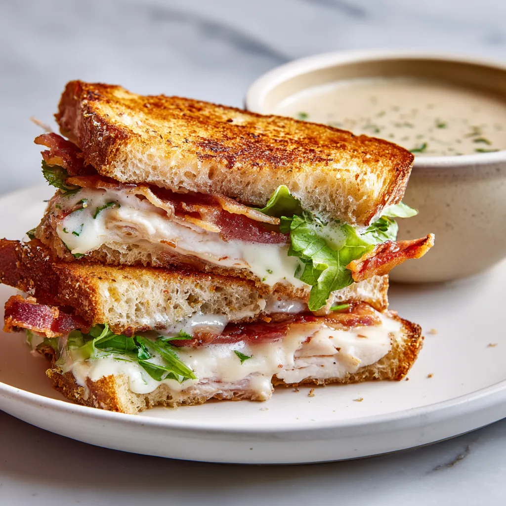 Ultimate Triple-Decker Club Sandwich with Creamy Roasted Tomato Basil Soup - Classic American Comfort Food - secondary view