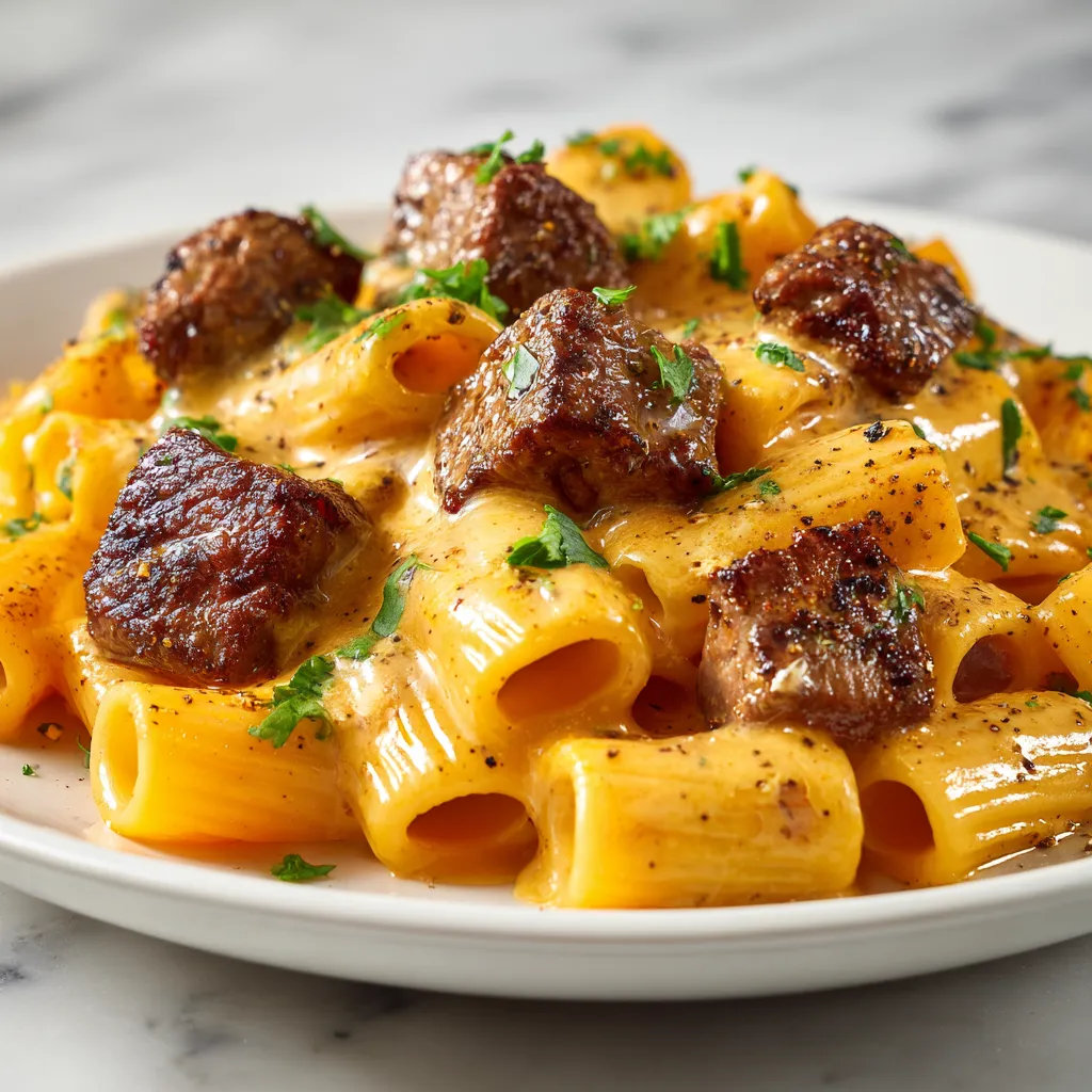 Cajun Spiced Steak Tips in Creamy Parmesan Rigatoni with Rich Cheese Sauce - secondary view