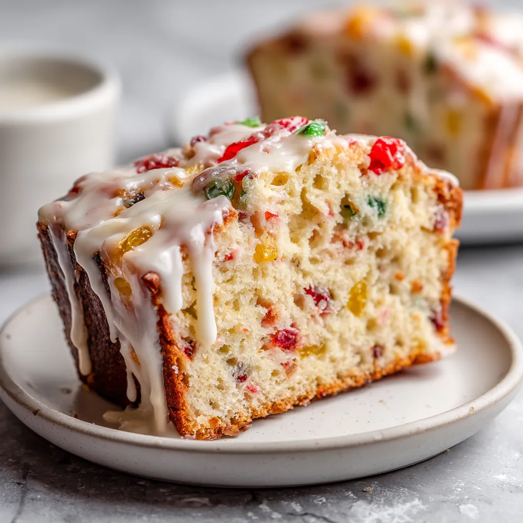 Festive Christmas Bread with Candied Fruit and Vanilla Glaze Holiday Sweet Loaf - secondary view