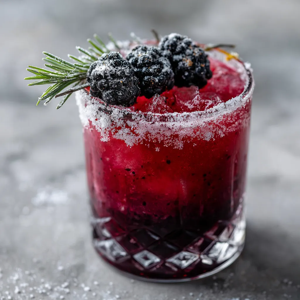 Blackberry Rosemary Holiday Smash Cocktail with Sugar Rim and Fresh Berry Garnish - secondary view