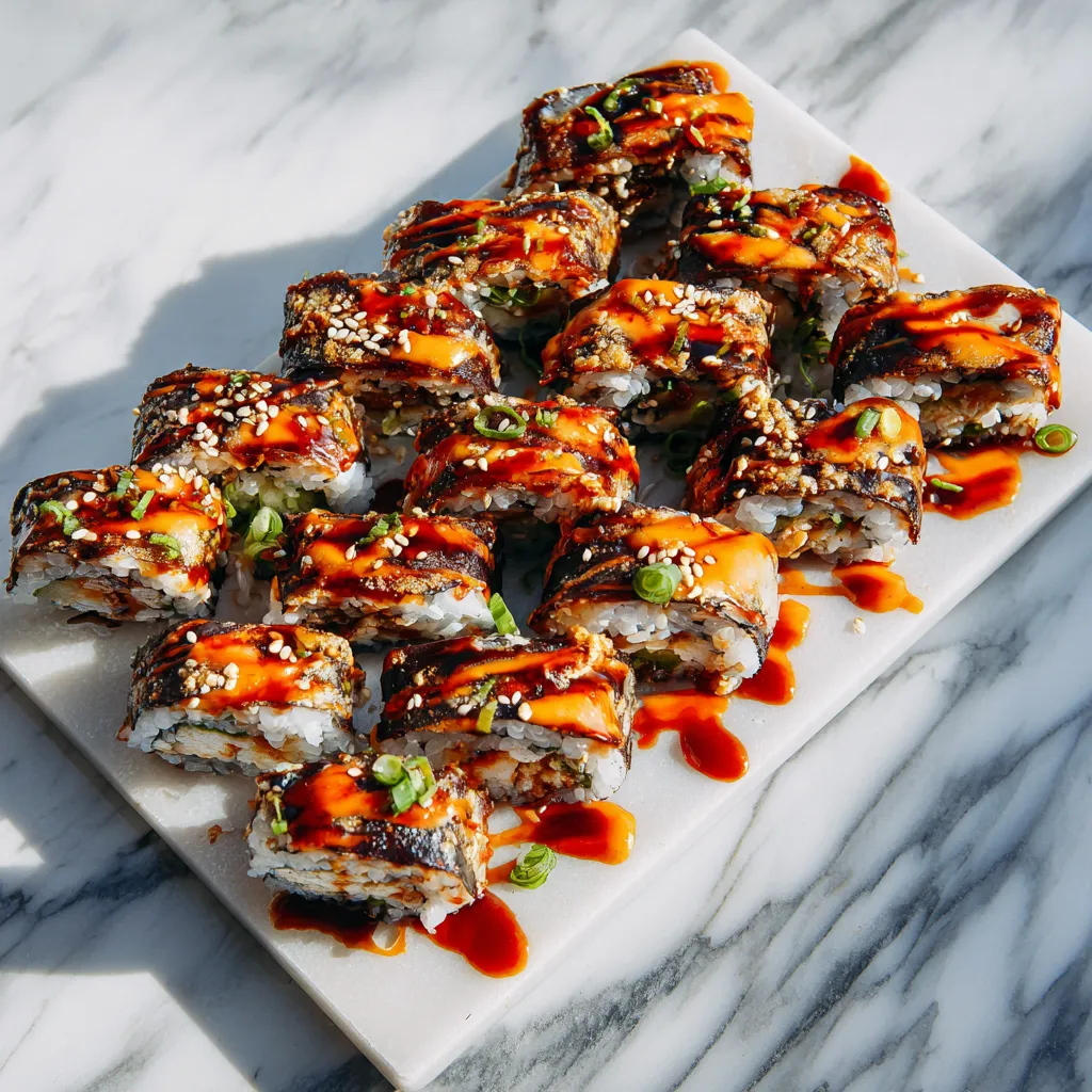Easy Homemade Dragon Sushi Rolls with Crispy Shrimp Tempura, Creamy Avocado, and Sweet Eel Sauce - tertiary view