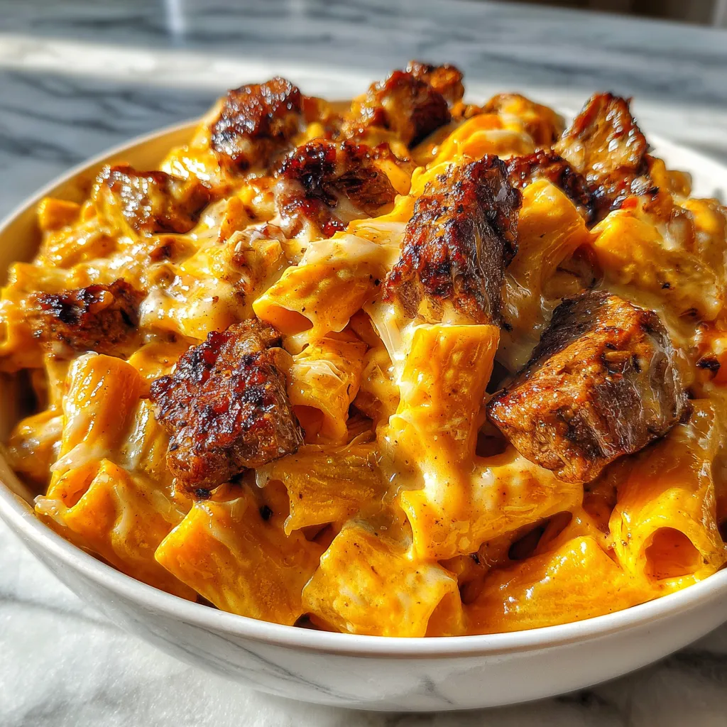 Cajun Steak Tips in Creamy Cheesy Rigatoni Parmesan Sauce with Garlic and Herbs - tertiary view