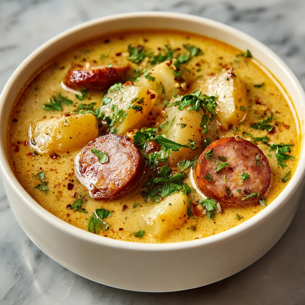 Creamy Cajun Potato Soup with Spicy Sausage and Golden Tender Potatoes in Rich Seasoned Broth - secondary view