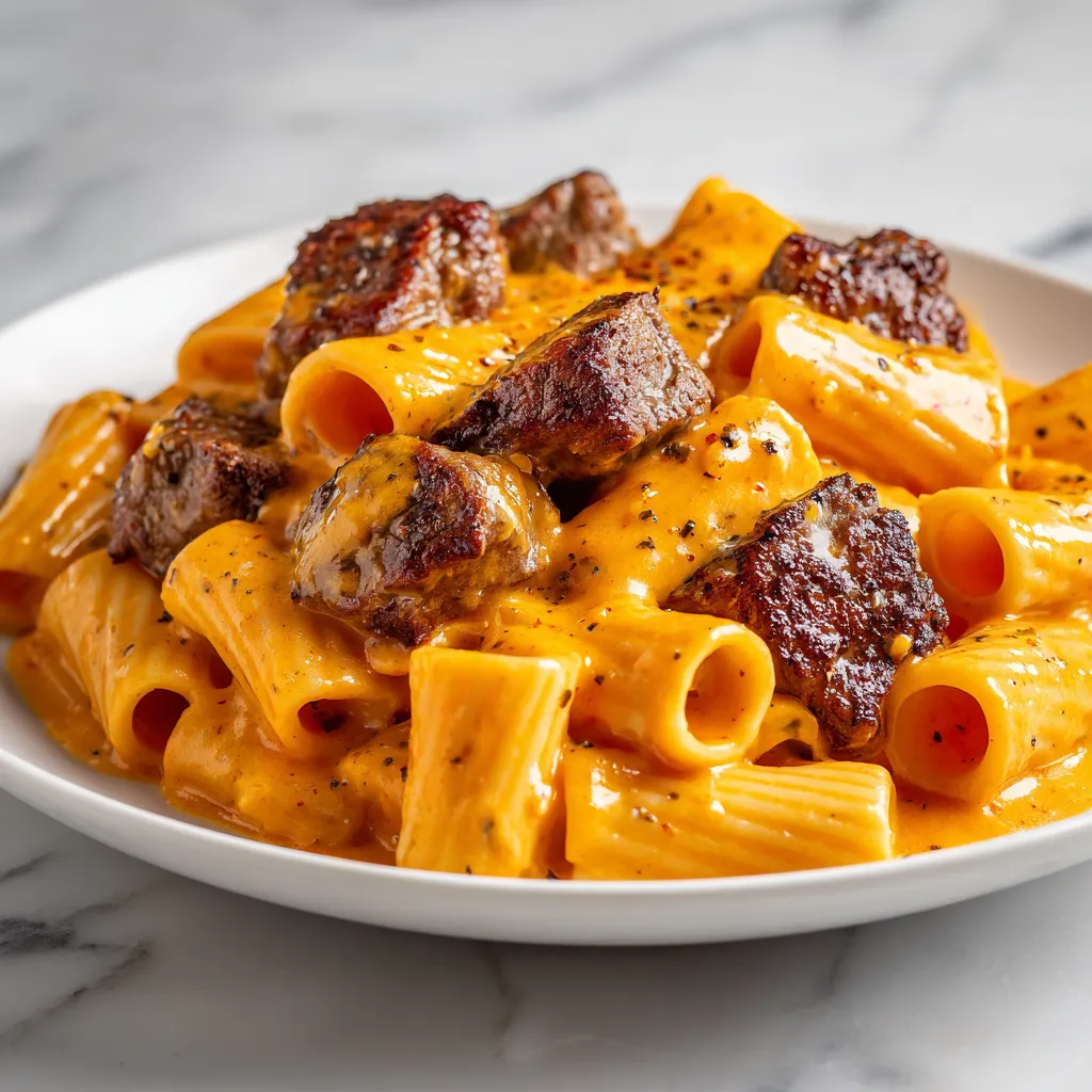 Cajun Steak Tips in Creamy Cheesy Rigatoni Parmesan Sauce with Garlic and Herbs - secondary view