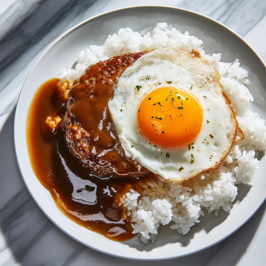 Authentic Hawaiian Loco Moco with Rich Brown Gravy and Perfectly Fried Egg Over White Rice - tertiary view