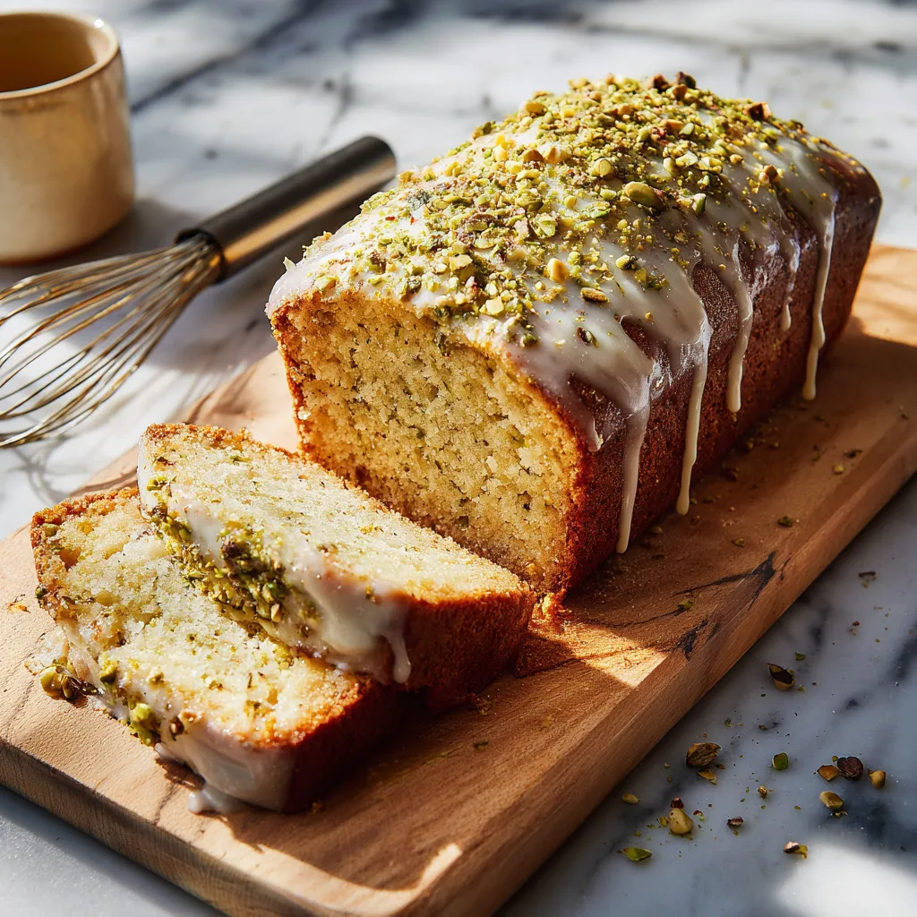 Moist Pistachio Lemon Loaf Cake with Creamy Vanilla Glaze and Crushed Pistachio Topping - tertiary view
