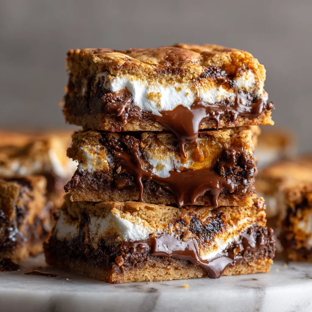 Ultimate Gooey S'mores Cookie Bars with Layered Graham Cracker Crust and Melted Chocolate Marshmallow Center - tertiary view