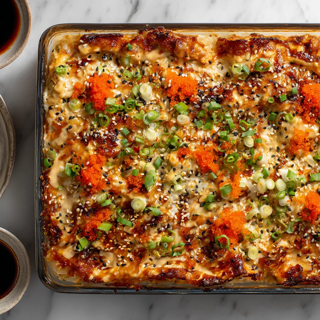 Spicy Salmon Sushi Bake with Creamy Crab and Crispy Rice Base - Easy Deconstructed Sushi Casserole Recipe - tertiary view