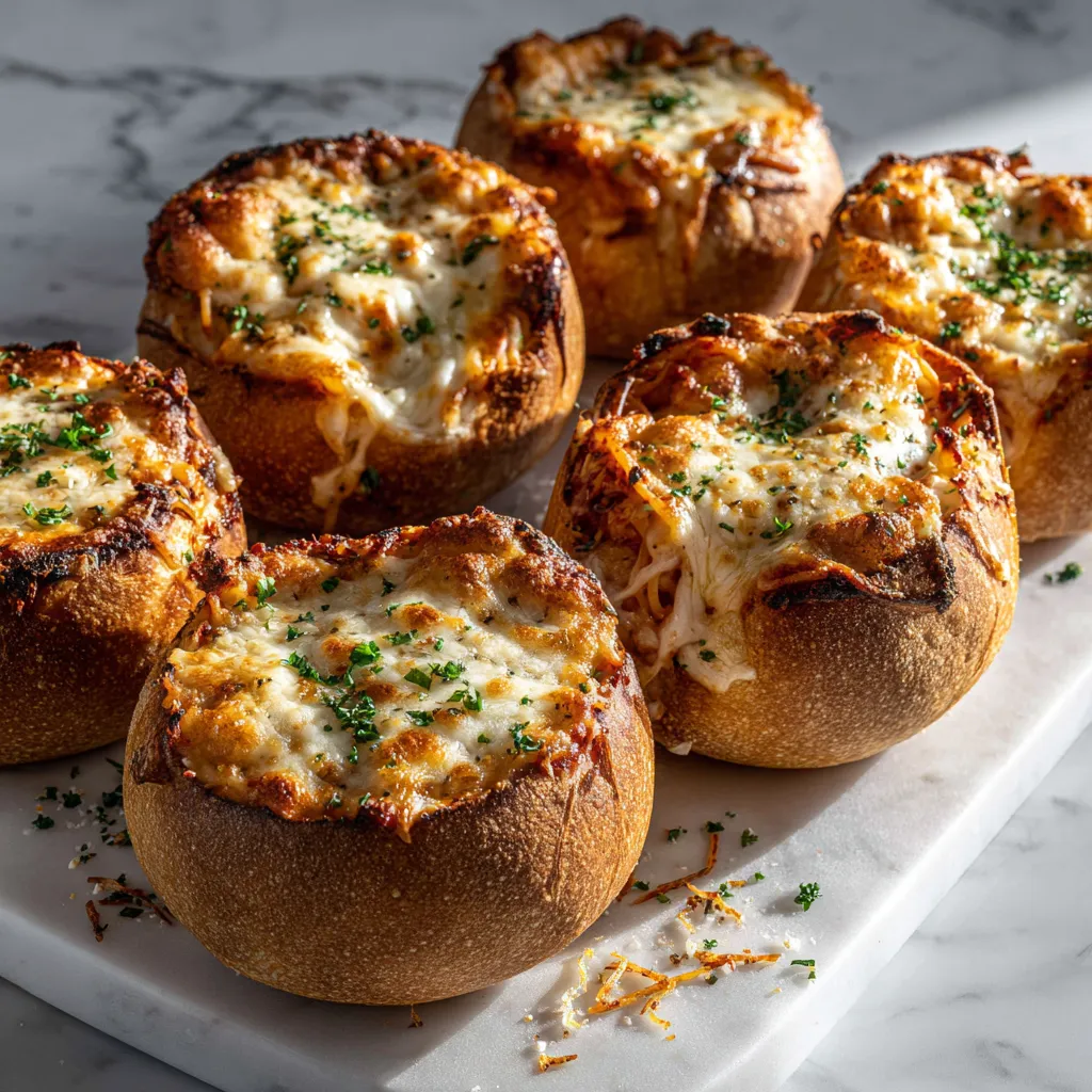 Spaghetti-Stuffed Garlic Bread Bowls with Meat Sauce and Melted Mozzarella Cheese - tertiary view