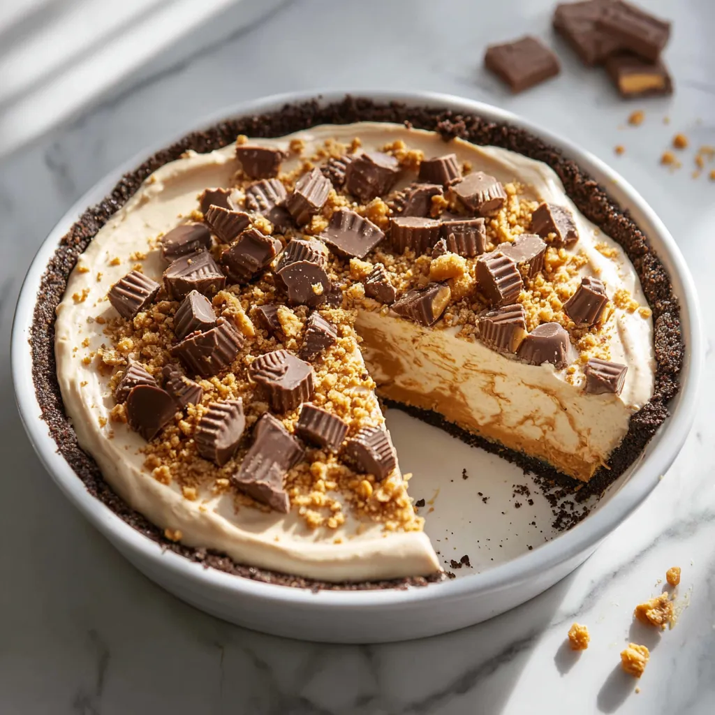 No-Bake Peanut Butter Chocolate Cheesecake with Caramel Drizzle and Peanut Butter Cup Topping - secondary view