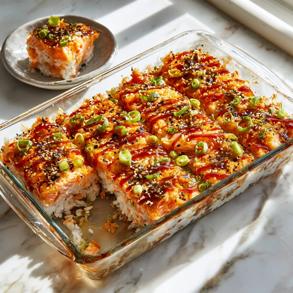 Ultimate Baked Sushi Casserole with Salmon, Avocado, and Spicy Mayo - Easy Deconstructed California Roll - tertiary view