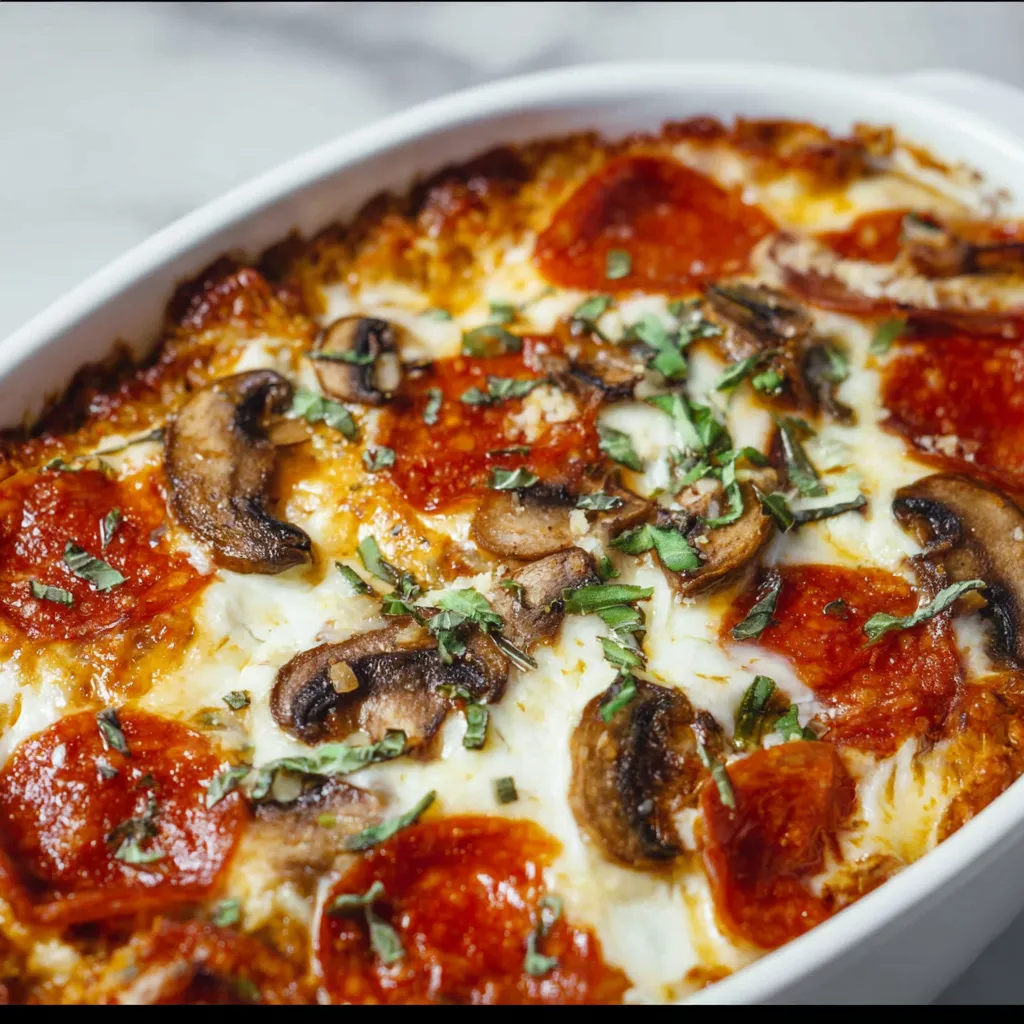 Supreme Pizza Pasta Casserole with Pepperoni, Mushrooms, Fresh Mozzarella and Marinara Sauce Baked to Golden Perfection - tertiary view